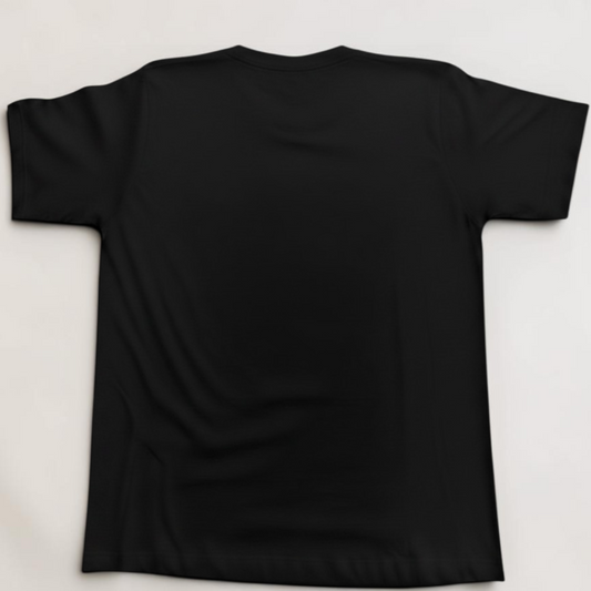 A plain black short-sleeve t-shirt laid flat on a light gray background, showing the back view.