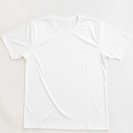A plain white short-sleeve crewneck t-shirt laid flat against a light off-white background.