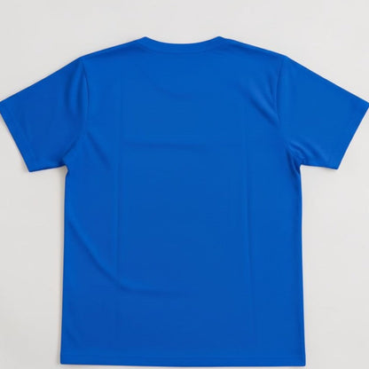 A bright blue short-sleeve crewneck t-shirt shown from the back, laid flat against a light gray background.