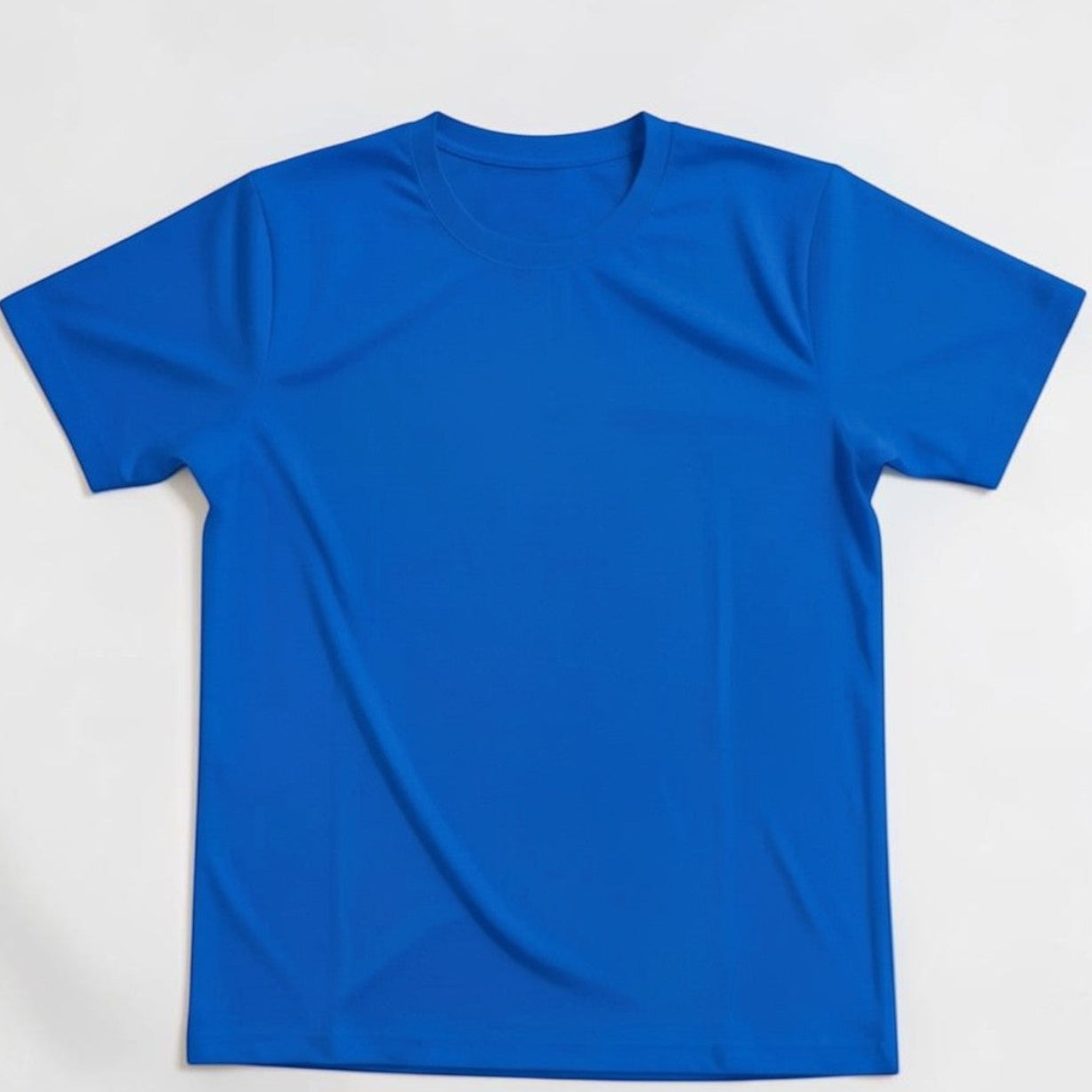 A plain blue short-sleeve crewneck t-shirt laid flat on a light gray background.
