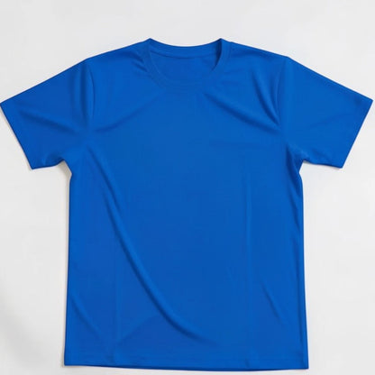 A plain blue short-sleeve crewneck t-shirt laid flat on a light gray background.